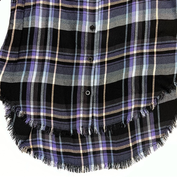 Anthropologie Cloth & Stone Plaid Fringe Hem Button Down Shirt Navy Purple Sz S - Picture 4 of 12